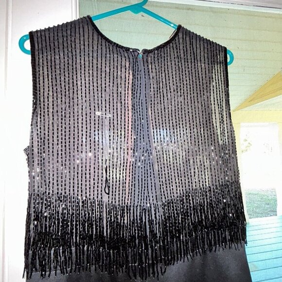 Evening Gown Long Black Beaded Bodice and Fringe, Sleeveless Dress Women’s 8-10 - Picture 9 of 15